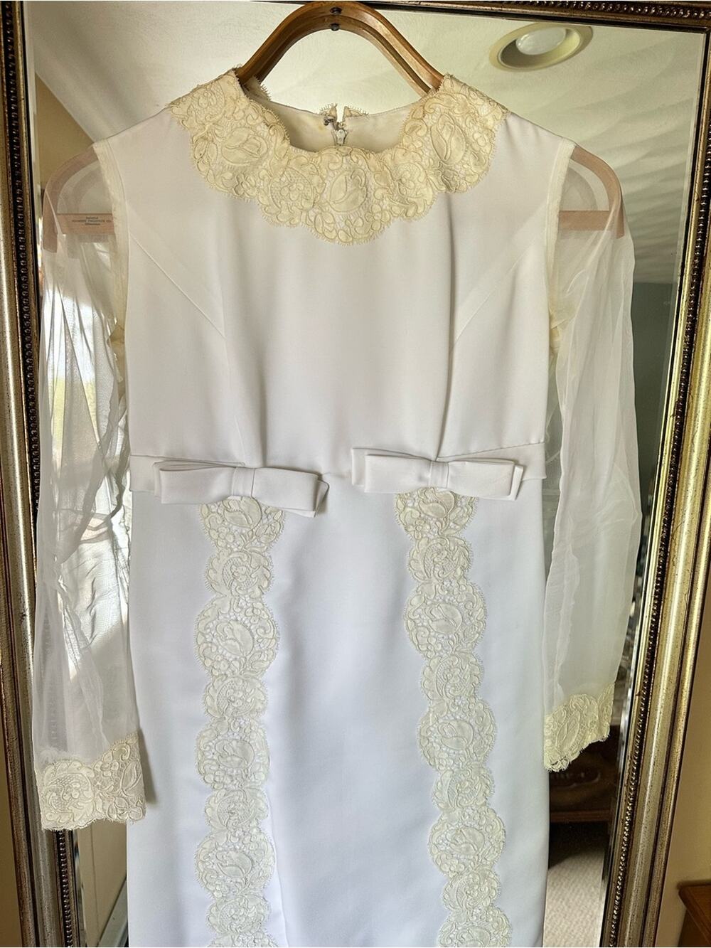 Vintage 1960s Handmade Wedding Dress |Mod Empire Waist Lace Gown Sheer Sleeve